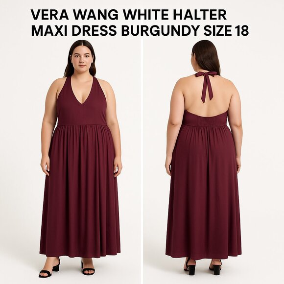 Vera Wang White Halter Maxi Dress Burgundy Size 18 NWT - Picture 1 of 8